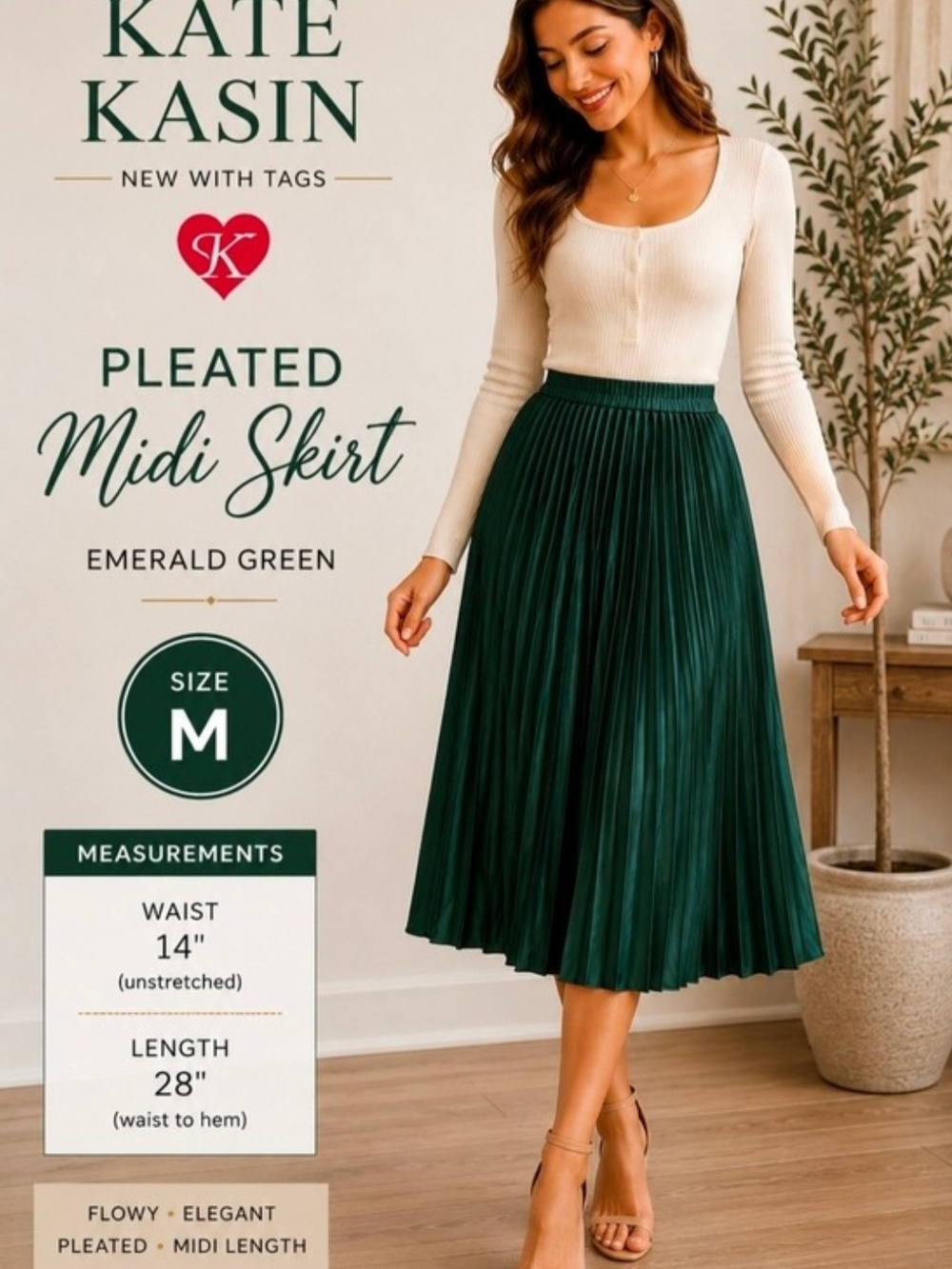 Kate Kasin Emerald Green Pleated Midi Skirt